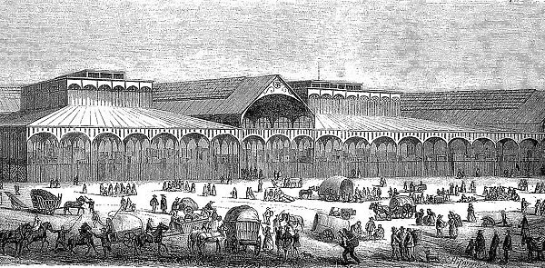 The New Market Halls in Paris, France, digitally restored reproduction of an original 19th century painting, exact original date unknown