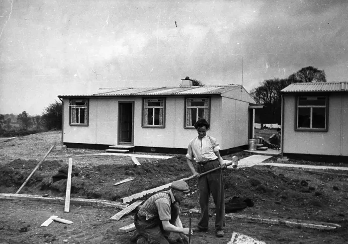 Framed Print : New Path. 1953: Workmen preparing the ground for a path into a new prefabricated community Framed Print : New Path. 1953: Workmen preparing the ground for a path into a new prefabricated community