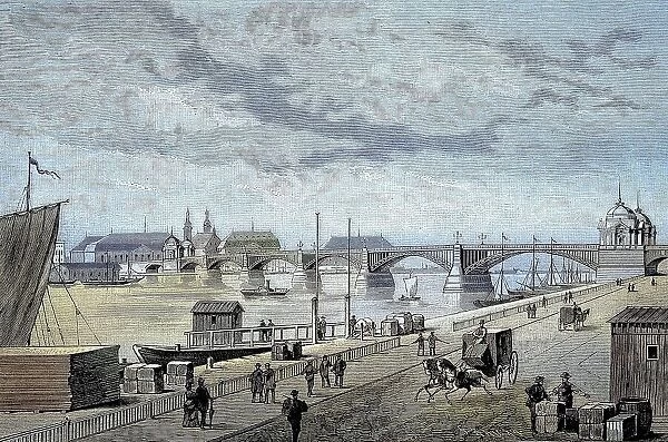 The New Rhine Bridge near Mainz, 1885, Germany, Historical, digitally restored reproduction from a 19th century original