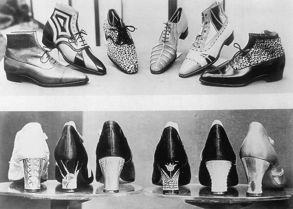 New Shoes. A selection of shoes with patterned uppers and jewelled heels, circa 1930