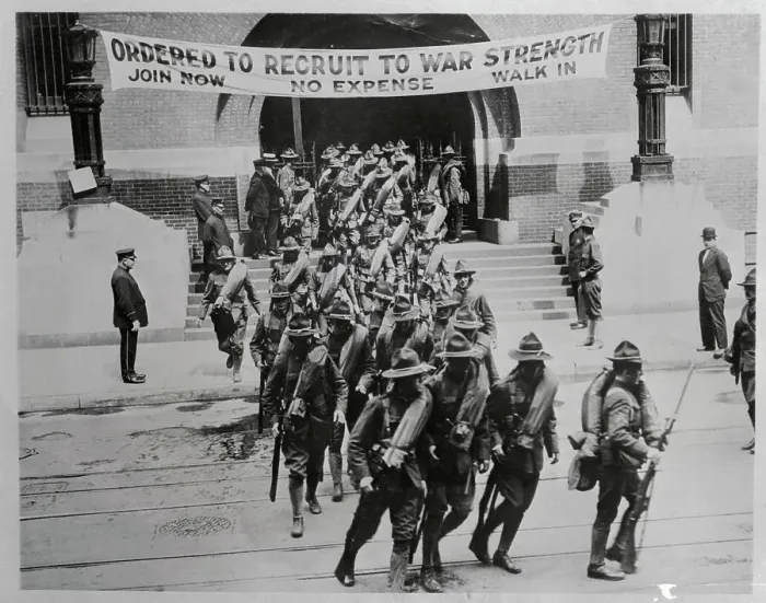 Framed Print : New War Enlistees Marching Near Banner Framed Print : New War Enlistees Marching Near Banner
