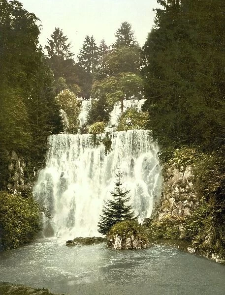 The new waterfall at Wilhelmshoehe in Kassel, Hesse, Germany, Historic, digitally restored reproduction of a photochrome print from the 1890s