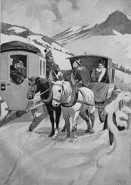 New Year's greeting on a country road, two carriages, sleighs, have met on the road and the coachmen wish each other a Happy New Year by shaking hands, winter landscape in the mountains, Austria, 1880, Historic