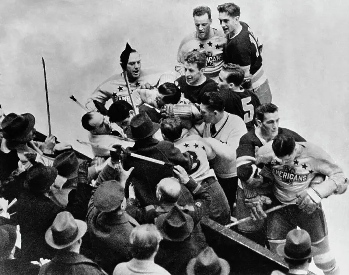 Framed Print : New York Americans Vs Rangers Ice Hockey Fight, 1940