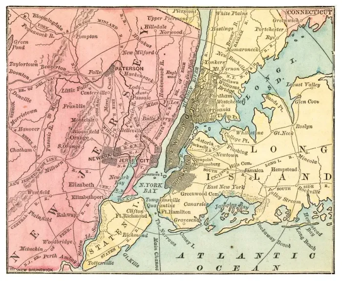Framed Print : New York and Jersey map 1875 Framed Print : New York and Jersey map 1875