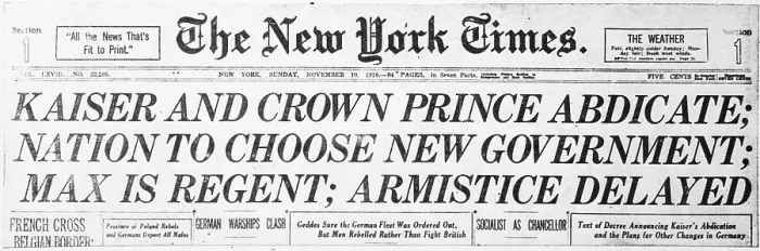 Framed Print : New York Times Headline Announcing Abdication of Kaiser