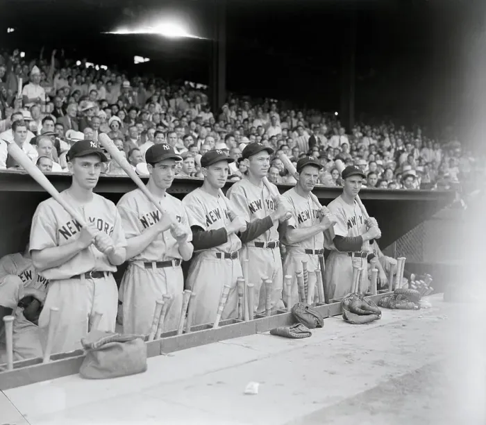 Framed Print : The New York Yankees Holding Bats Standing on Dugout Framed Print : The New York Yankees Holding Bats Standing on Dugout