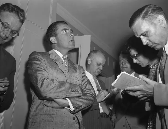 Framed Print : Newsmen Interviewing Richard Nixon Framed Print : Newsmen Interviewing Richard Nixon
