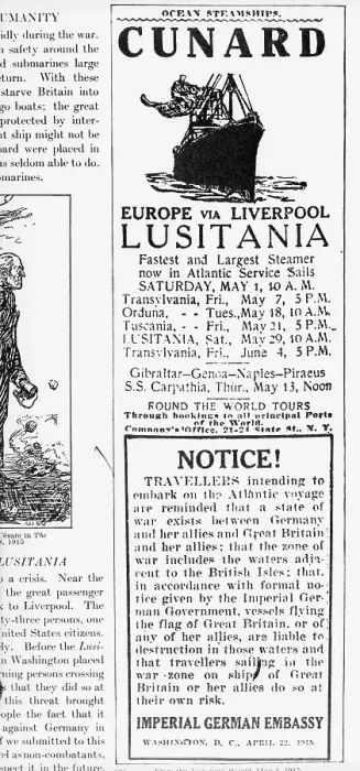 Framed Print : Newspaper Ad Warning Travellers on the Lusitania Framed Print : Newspaper Ad Warning Travellers on the Lusitania
