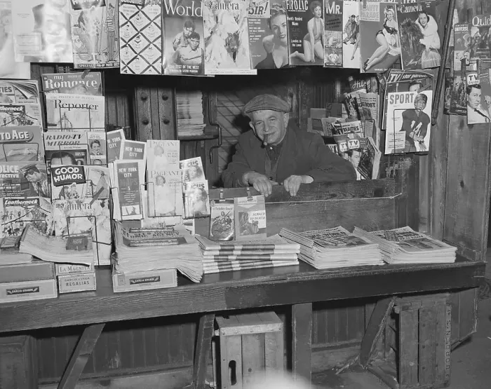 Framed Print : Newsstand Owner Smiling After Newspaper Strike Ends Framed Print : Newsstand Owner Smiling After Newspaper Strike Ends