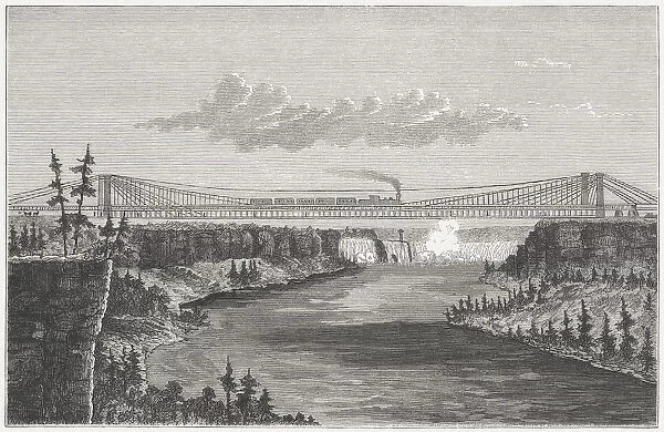 Niagara Falls Suspension Bridge, built 1851-1855, wood engraving, published 1872