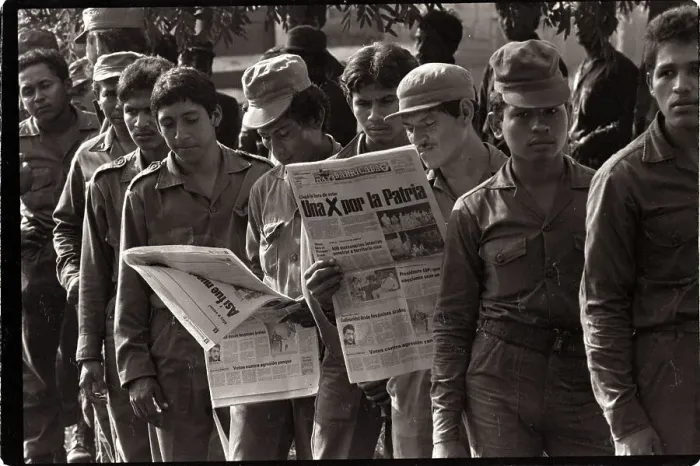 Framed Print : Nicaraguan Soldiers Wait in Line to Vote Framed Print : Nicaraguan Soldiers Wait in Line to Vote