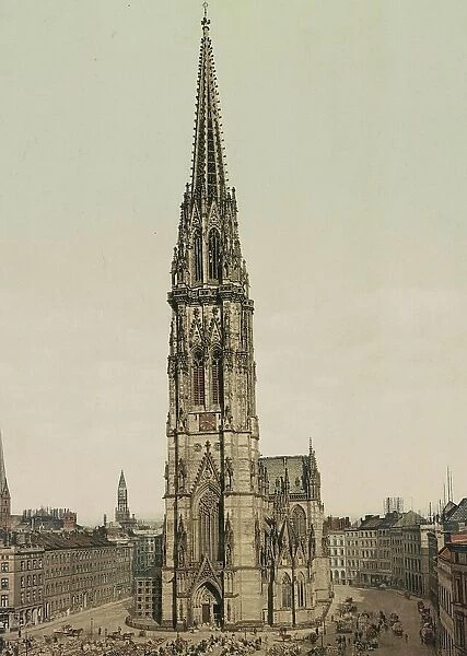 Nicolaikirche, Church of St. Nicholas in Hamburg, Germany, Historical, Photochrome print from the 1890s