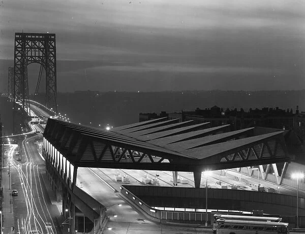 Night Bus. 3rd July 1963: A time lapse night photograph of George Washington Bridge
