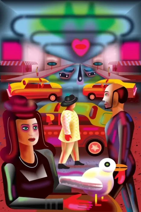Framed Print : Night in City Illustration with Young Woman, Taxis and walking people