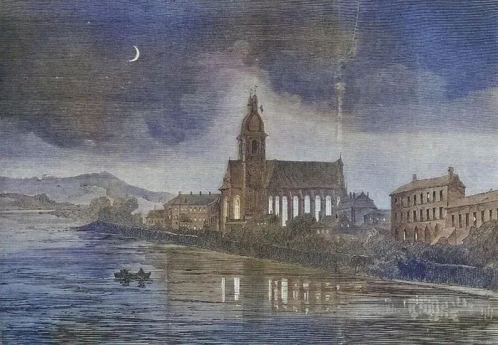 Framed Print : Night picture of the seminary church in Pont-a-Mousson, illustrated war chronicle 1870-1871, Franco-German campaign, Germany, France Framed Print : Night picture of the seminary church in Pont-a-Mousson, illustrated war chronicle 1870-1871, Franco-German campaign, Germany, France