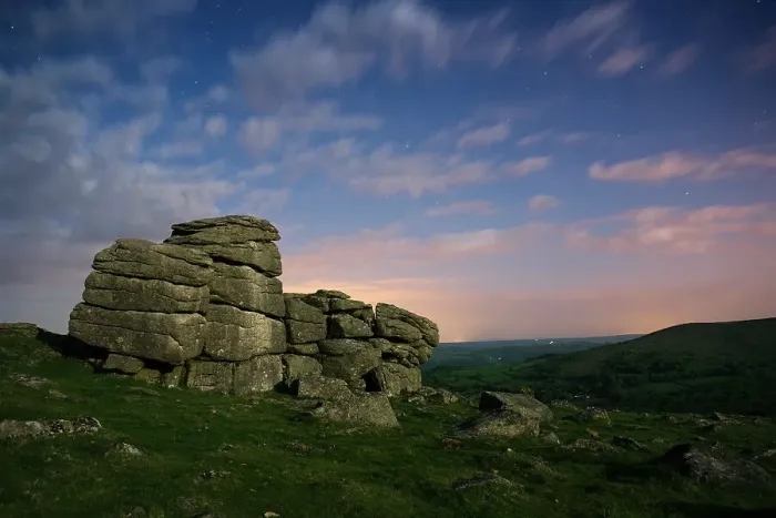 Framed Print : Night time long exposure of moonlit Hound Tor, Dartmoor, Devon, England Framed Print : Night time long exposure of moonlit Hound Tor, Dartmoor, Devon, England