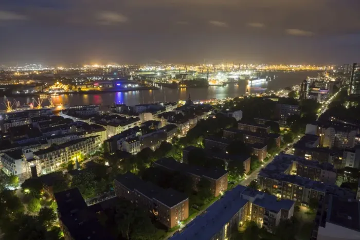 Framed Print : Night view of Hamburg harbor with jetties, Hamburg, Germany Framed Print : Night view of Hamburg harbor with jetties, Hamburg, Germany