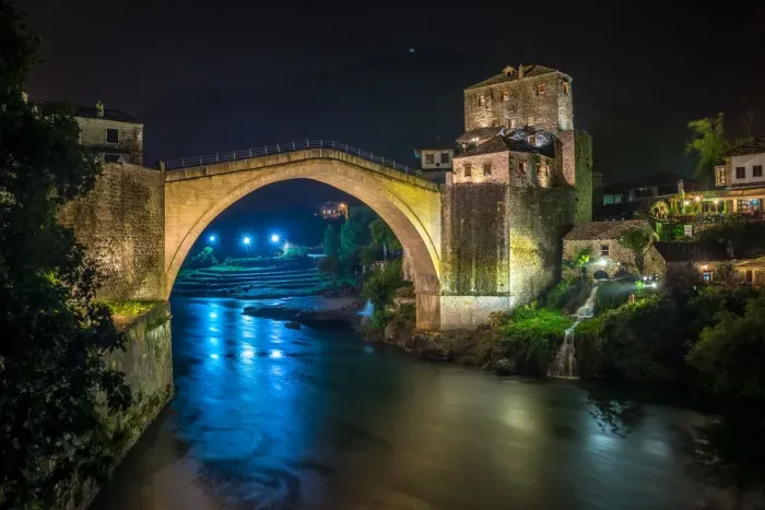Framed Print : Night view of the Old Bridge in Mostar, Bosnia