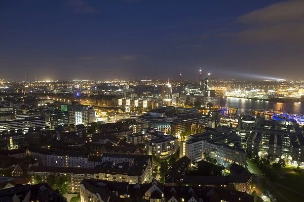 Night view overlooking the Elbe Philharmonic Hall, HafenCity and Speicherstadt, Hamburg, Germany