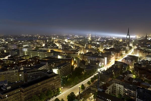 Night view, views of St. Nikolai, the Inner Alster Lake and the Town Hall, Hamburg, Germany