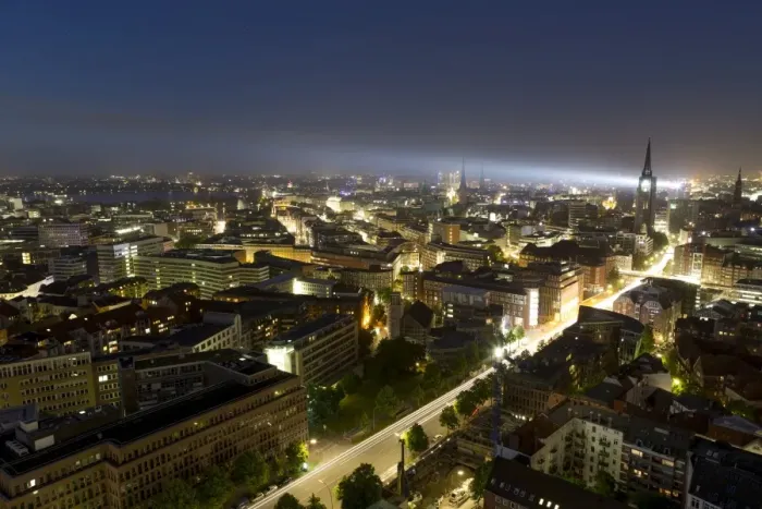 Framed Print : Night view, views of St. Nikolai, the Inner Alster Lake and the Town Hall, Hamburg, Germany Framed Print : Night view, views of St. Nikolai, the Inner Alster Lake and the Town Hall, Hamburg, Germany