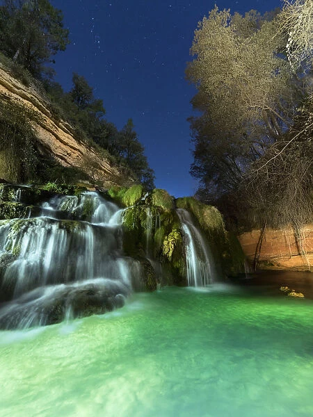 Night waterfall in a Mediterranean forest