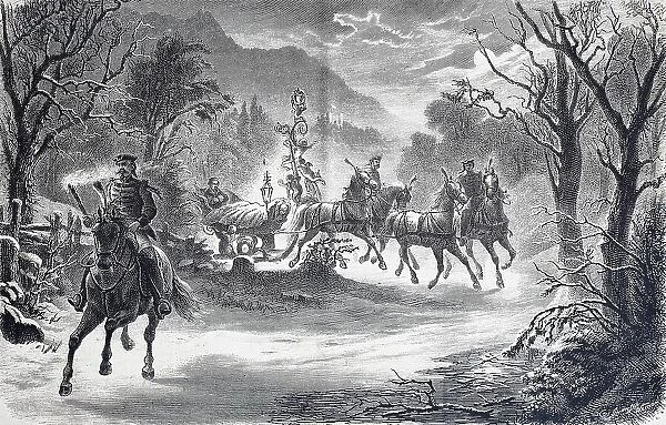 Nightly Mountain Ride of King Ludwig II in the King's Sleigh, Bavaria, Germany, History, digital reproduction of an original 19th-century painting