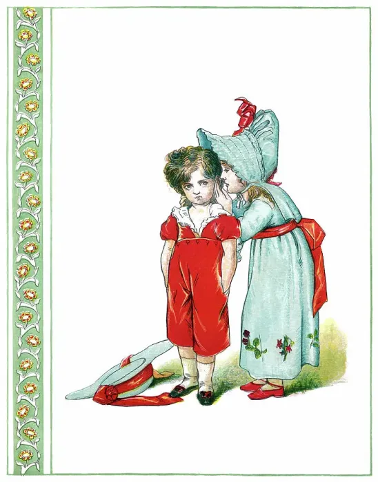 Framed Print : Nineteenth century girl whispering to a little boy Framed Print : Nineteenth century girl whispering to a little boy