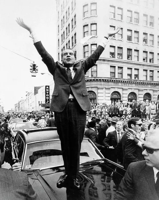 Framed Print : Nixon Standing on Car Hood During Motorcade Framed Print : Nixon Standing on Car Hood During Motorcade