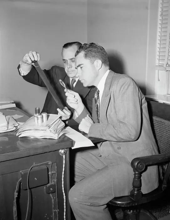 Framed Print : Nixon and Stripling Checking Microfilms Framed Print : Nixon and Stripling Checking Microfilms
