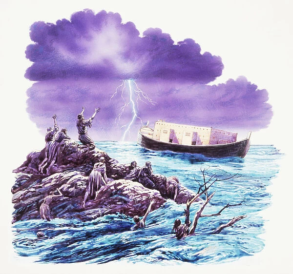 Noahs ark in middle of rough sea, with people stranded on rock looking out to the ark at sea for help, holding on to broken tree branches. Sea turquoise in color, the sky navy  /  purple shade with a shock of white lightening