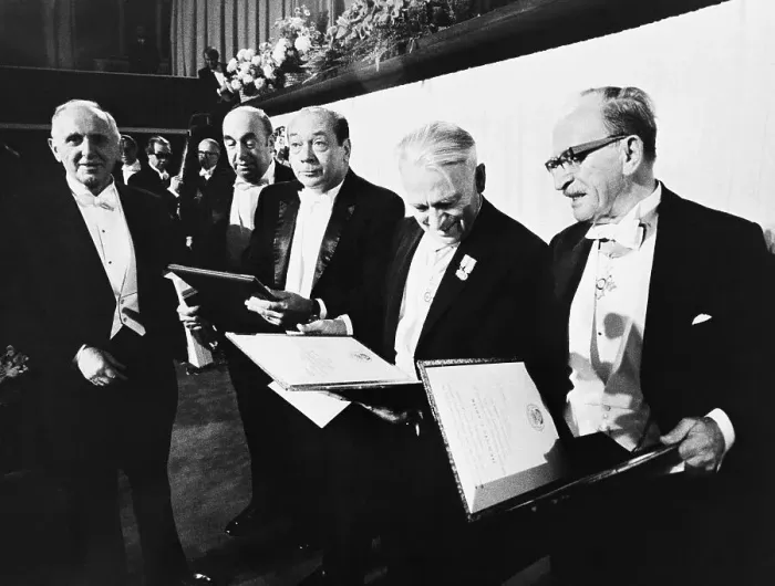 Framed Print : Five Nobel Prize Winners Hold their Awards Framed Print : Five Nobel Prize Winners Hold their Awards