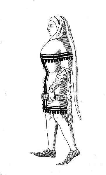 Nobleman's Costume with Gugel, A gugel was a type of hood with trailing lace, popular in medieval Germany, and hanging belt, France, c. 1365, Fashion History, Costume History, Historical, digital reproduction of an original 19th century pattern