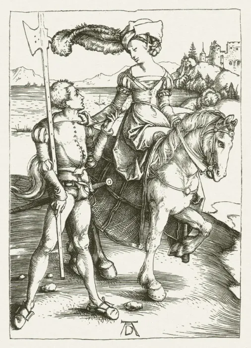 Framed Print : Noblewoman with halberdier (c. 1520), by Albrecht DAOErer, published in 1881 Framed Print : Noblewoman with halberdier (c. 1520), by Albrecht DAOErer, published in 1881