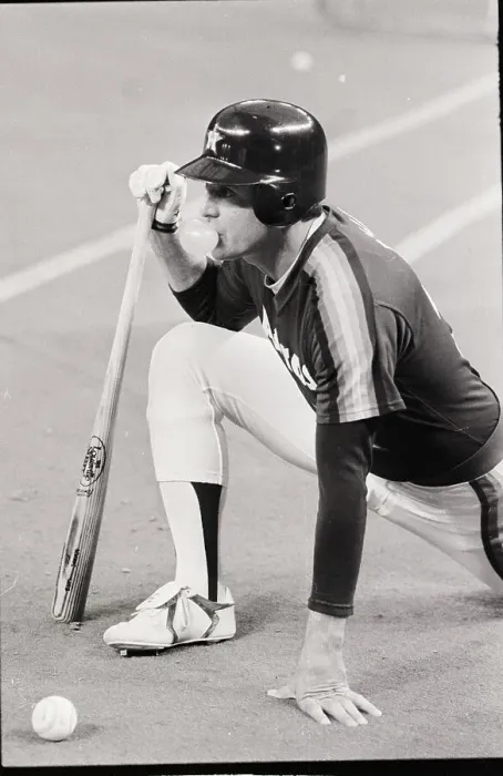 Framed Print : Nolan Ryan Kneeling, Blowing Bubble