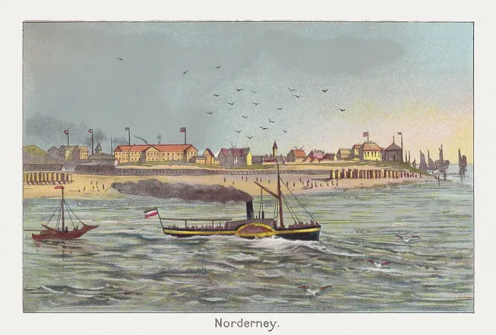 Framed Print : Norderney, Lower Saxony, Germany, chromolithograph, published in 1889 Framed Print : Norderney, Lower Saxony, Germany, chromolithograph, published in 1889