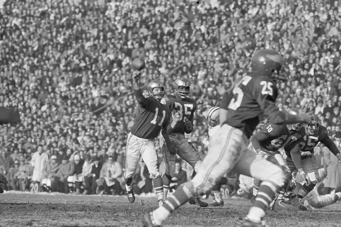 Framed Print : Norm Van Brocklin Passing Football in Championship Game Framed Print : Norm Van Brocklin Passing Football in Championship Game