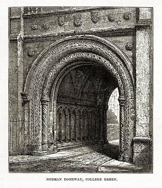Norman Doorway, College Green in Yorkshire, England Victorian Engraving, Circa 1840
