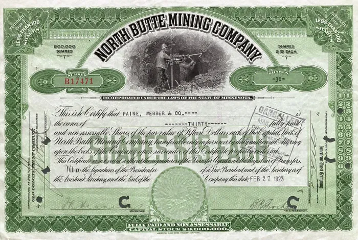 Framed Print : North Butte Mining Company Certficiate Framed Print : North Butte Mining Company Certficiate