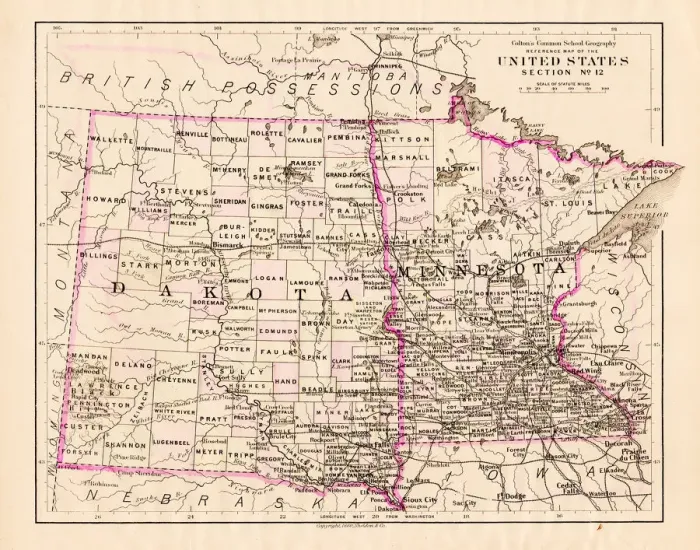 Framed Print : North Dakota and MInnesota map 1881 Framed Print : North Dakota and MInnesota map 1881