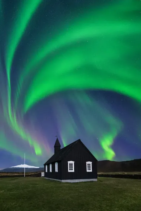 Framed Print : Northern Light in Black church, Buoir, Snaefellsnes Peninsula Framed Print : Northern Light in Black church, Buoir, Snaefellsnes Peninsula