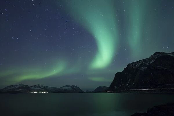 Northern Lights, Aurora Borealis, in winter, Hovsund, Hov, Lofoten, Lofoten, Nordland, Norway