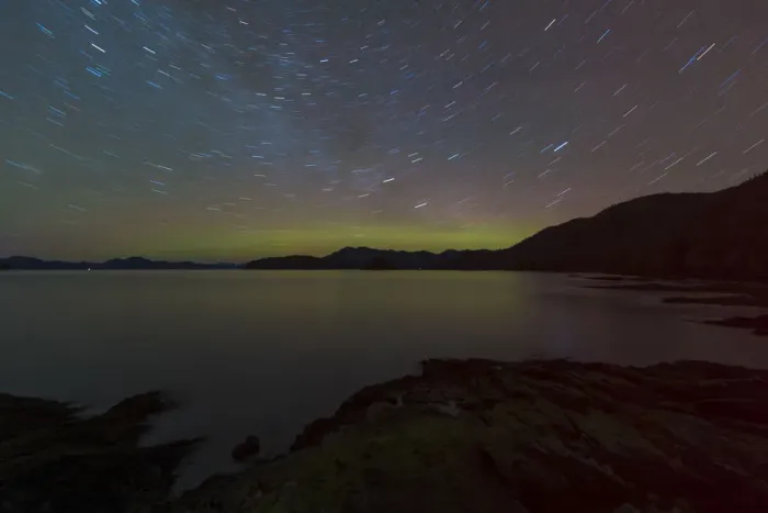 Framed Print : Northern Lights glowing on horizon with star trails, Settlers Cove State Park, Ketchikan, Alaska, USA