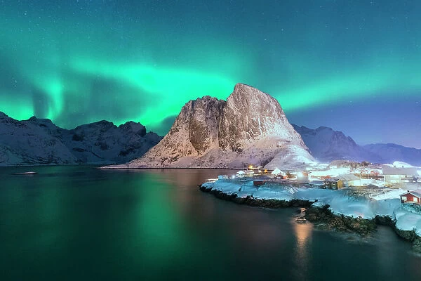 Northern Lights on Hamnoy village, Norway