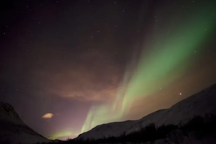 Framed Print : Northern Lights over the Kattfjord pass in winter, Kvaloya, Tromso, Norway, Europe