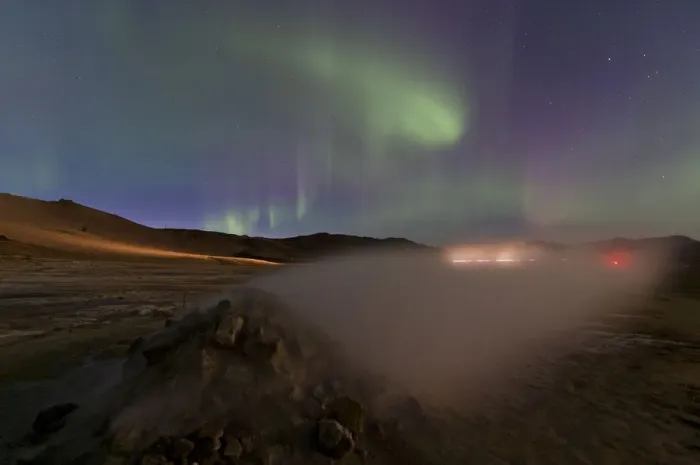 Framed Print : Northern lights, light trails from cars, solfatara, fumaroles, sulphur and other minerals, steam, Hverarond high temperature or geothermal area, Namafjall mountains, Myvatn area, Northeastern Region, Iceland