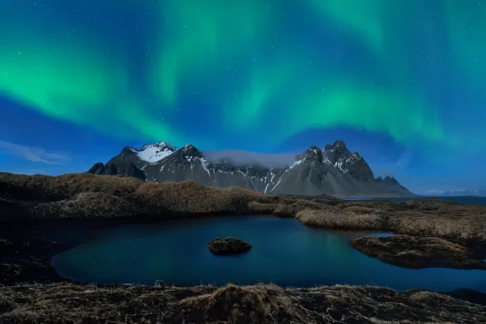 Framed Print : Northern lights over Vesturhorn mountain Framed Print : Northern lights over Vesturhorn mountain