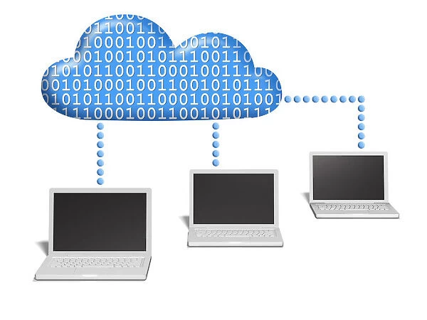 Three notebooks connected to a cloud which is filled with binary code, conceptual image for cloud computing, networking, IT infrastructure, 3D illustration