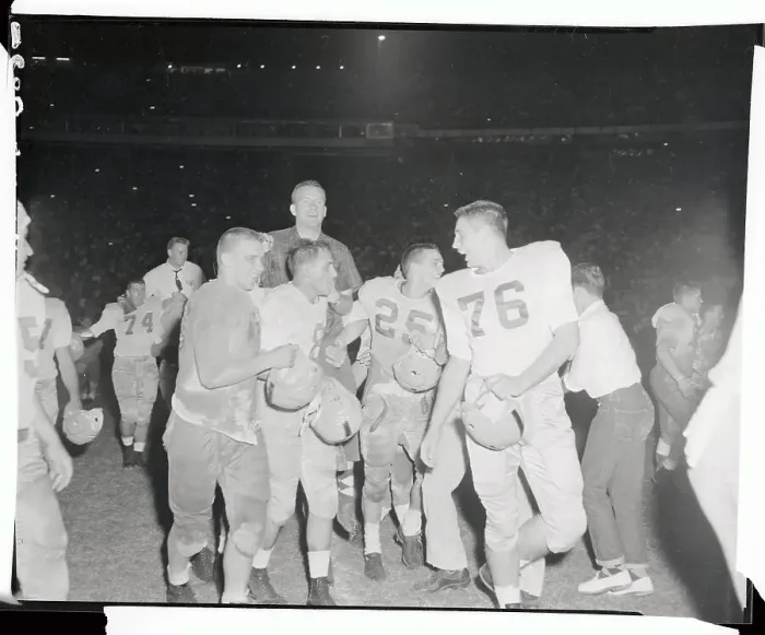 Framed Print : Notre Dame Players and Terry Brennan After Orange Bowl Framed Print : Notre Dame Players and Terry Brennan After Orange Bowl